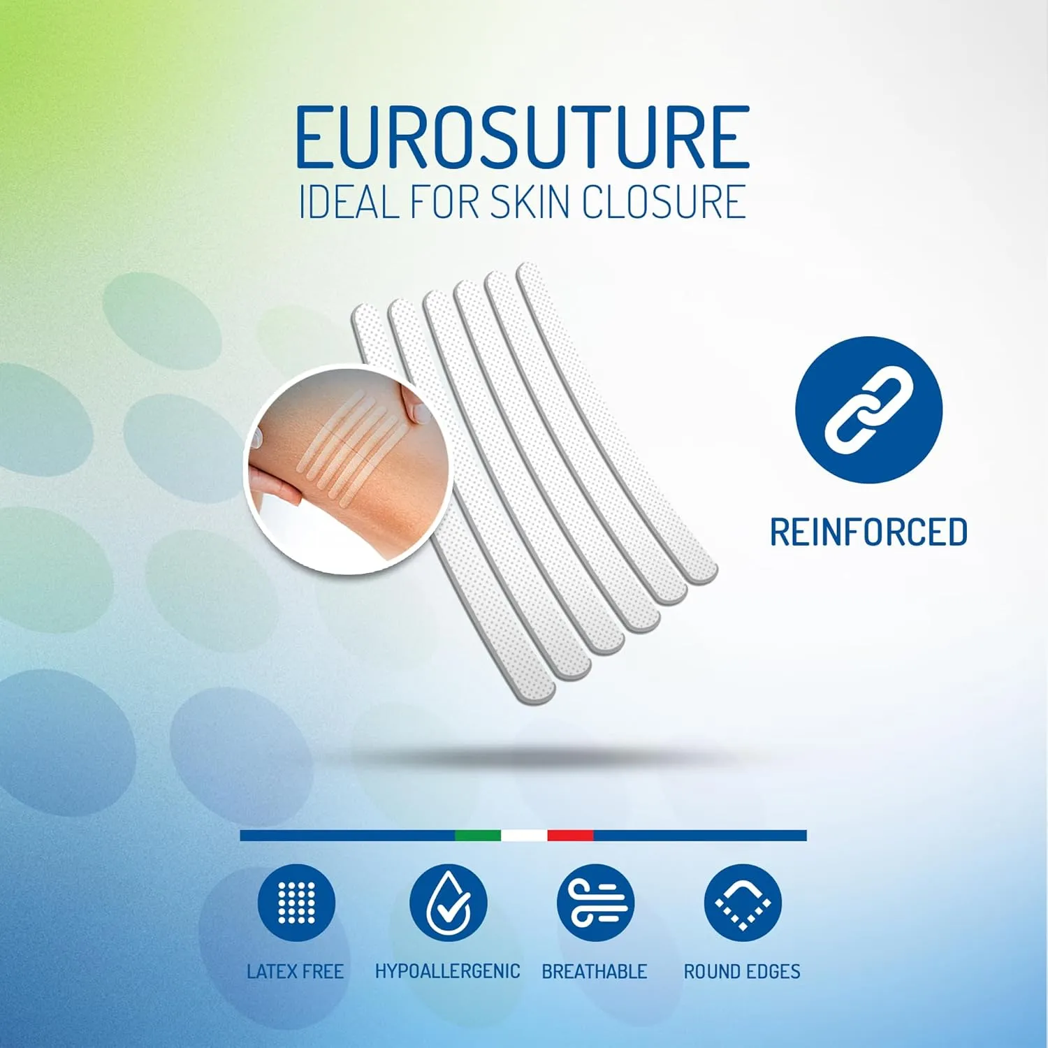EUROSUTURE - Skin Closure 1/4 x 1 1/2 inches Sterile Suture Strips, Dynamic Adherence and Superior Security for Wounds – 50 Pouches of 6 Strips Each (300 Strips per Box) - Made in Italy