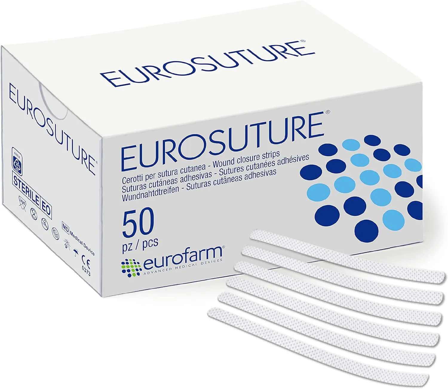 EUROSUTURE - Skin Closure 1/4 x 1 1/2 inches Sterile Suture Strips, Dynamic Adherence and Superior Security for Wounds – 50 Pouches of 6 Strips Each (300 Strips per Box) - Made in Italy