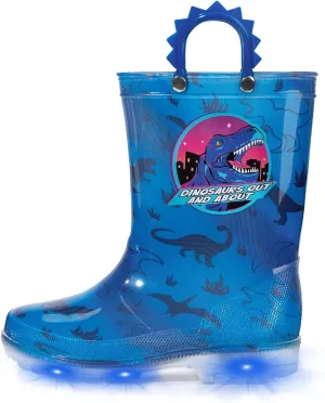 EUXTERPA Toddler Kids Waterproof Light Up Rain Boots Patterns and Glitter Boots with Handles for Boys Girls