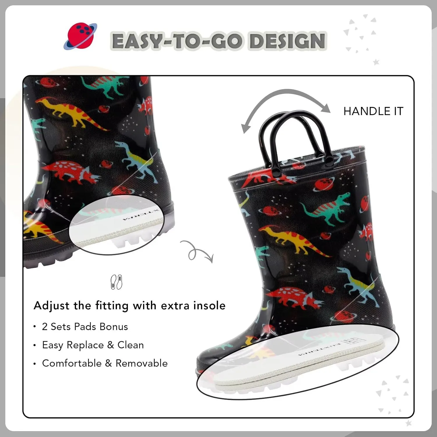 EUXTERPA Toddler Kids Waterproof Light Up Rain Boots Patterns and Glitter Boots with Handles for Boys Girls