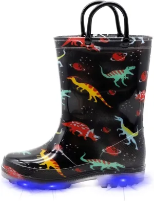 EUXTERPA Toddler Kids Waterproof Light Up Rain Boots Patterns and Glitter Boots with Handles for Boys Girls