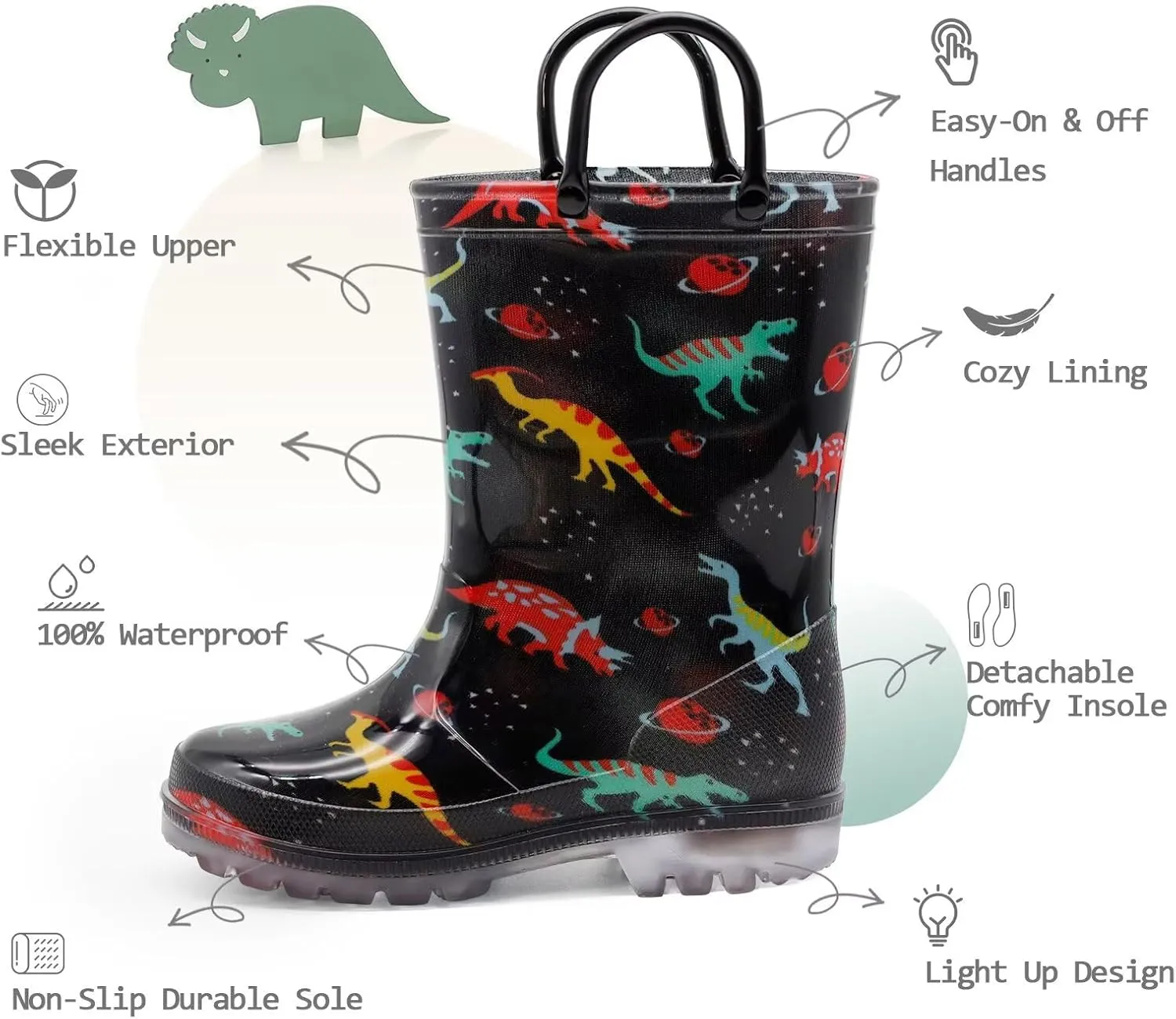 EUXTERPA Toddler Kids Waterproof Light Up Rain Boots Patterns and Glitter Boots with Handles for Boys Girls