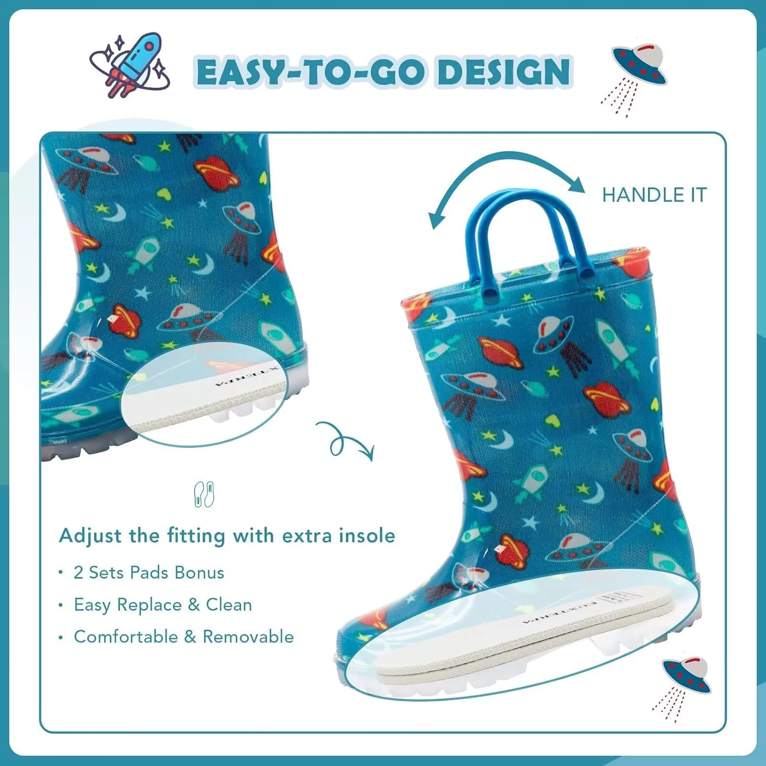 EUXTERPA Toddler Kids Waterproof Light Up Rain Boots Patterns and Glitter Boots with Handles for Boys Girls