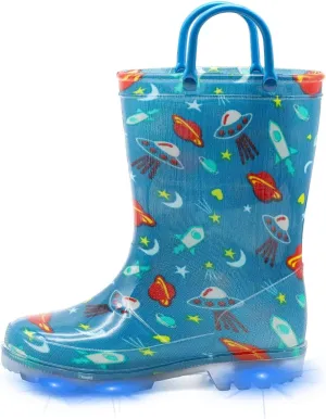 EUXTERPA Toddler Kids Waterproof Light Up Rain Boots Patterns and Glitter Boots with Handles for Boys Girls