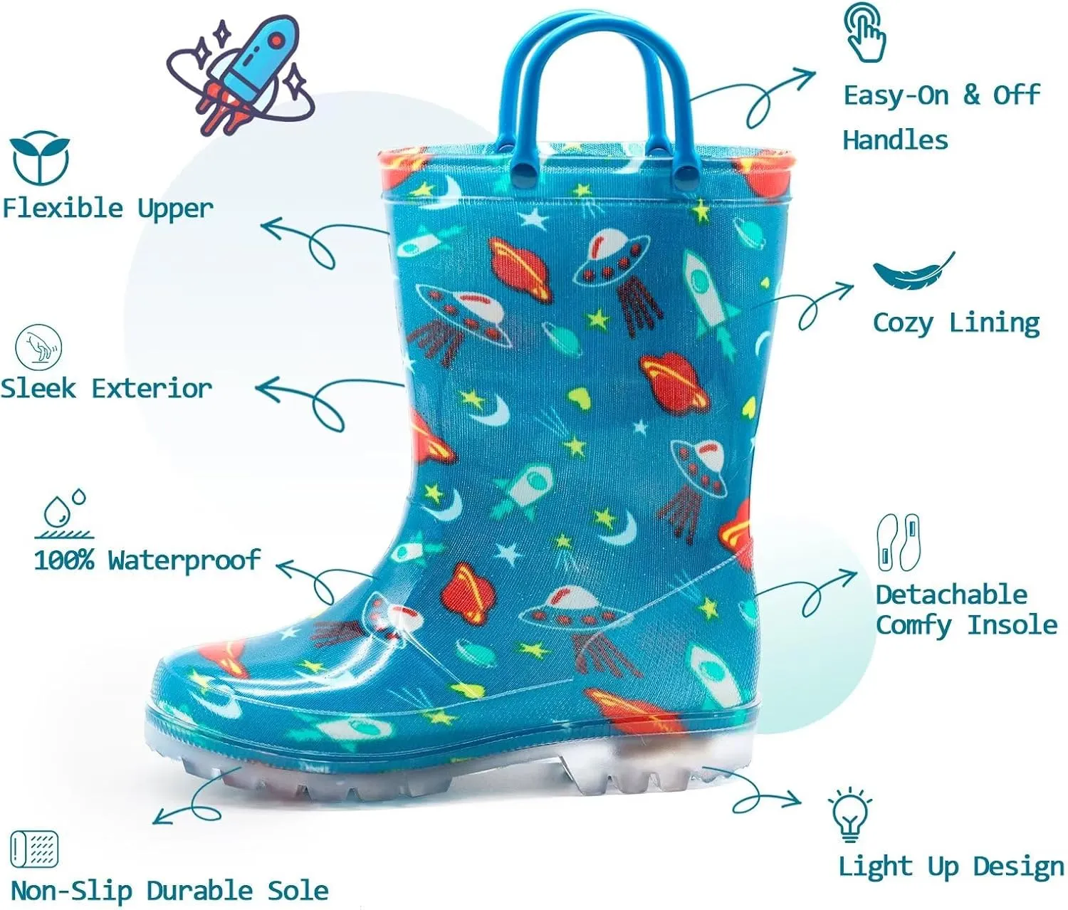 EUXTERPA Toddler Kids Waterproof Light Up Rain Boots Patterns and Glitter Boots with Handles for Boys Girls