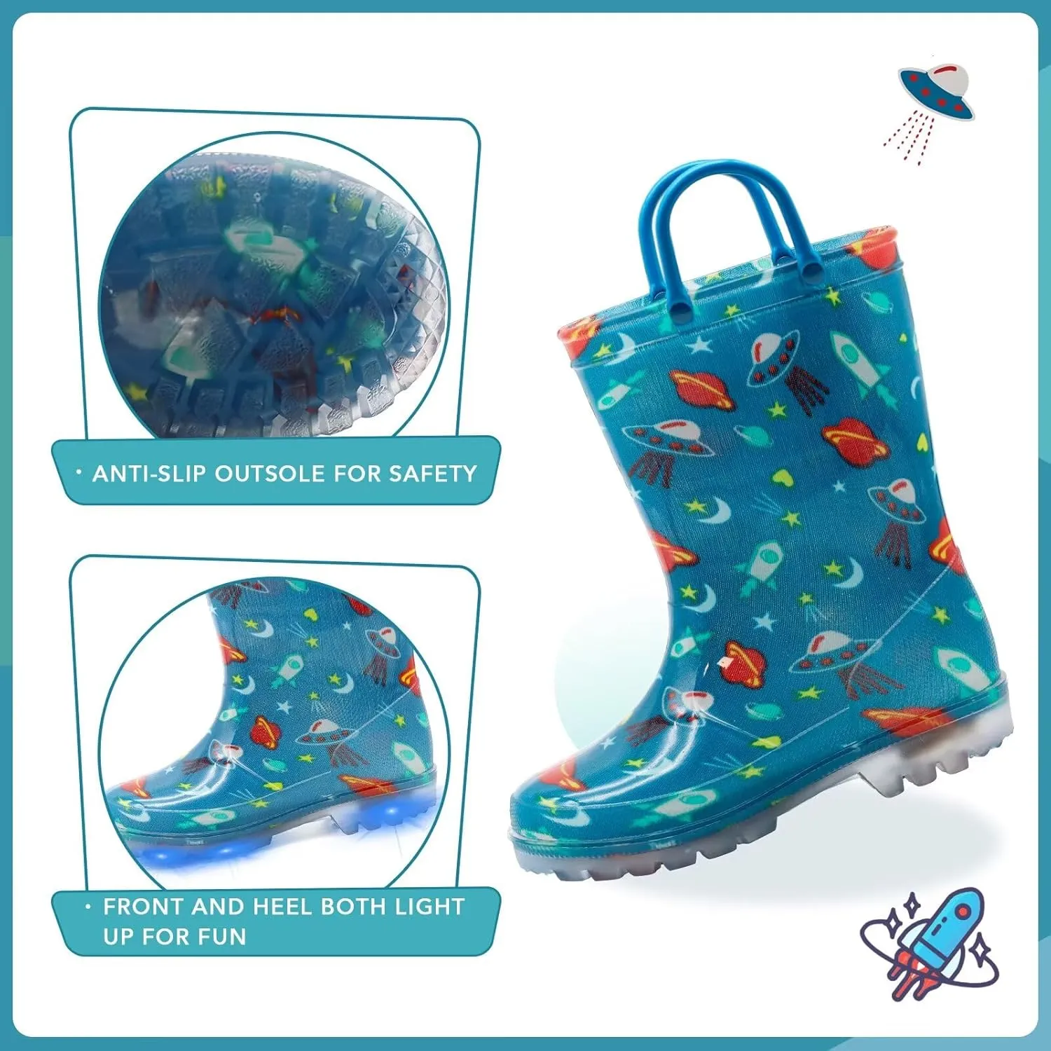 EUXTERPA Toddler Kids Waterproof Light Up Rain Boots Patterns and Glitter Boots with Handles for Boys Girls