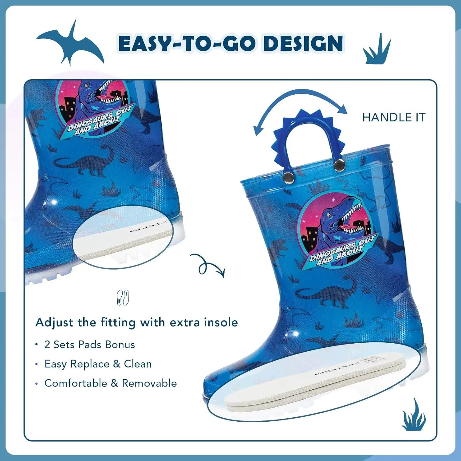 EUXTERPA Toddler Kids Waterproof Light Up Rain Boots Patterns and Glitter Boots with Handles for Boys Girls
