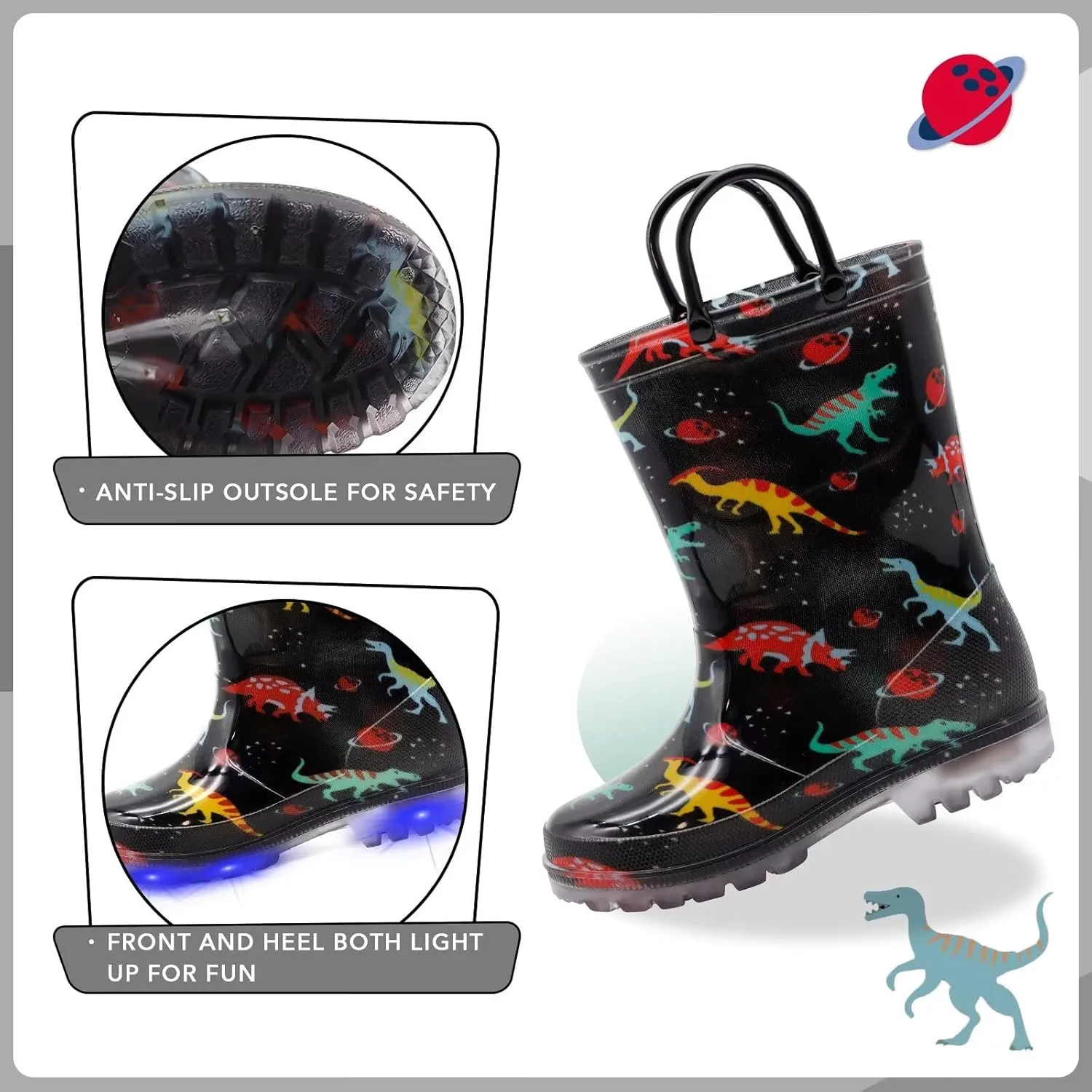 EUXTERPA Toddler Kids Waterproof Light Up Rain Boots Patterns and Glitter Boots with Handles for Boys Girls