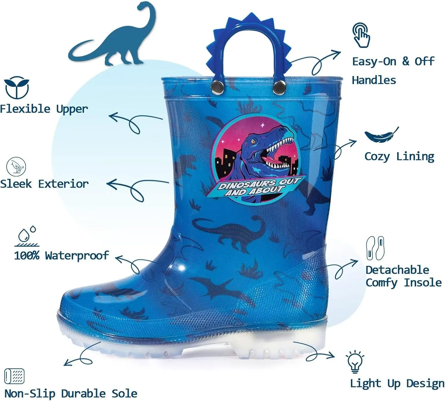 EUXTERPA Toddler Kids Waterproof Light Up Rain Boots Patterns and Glitter Boots with Handles for Boys Girls
