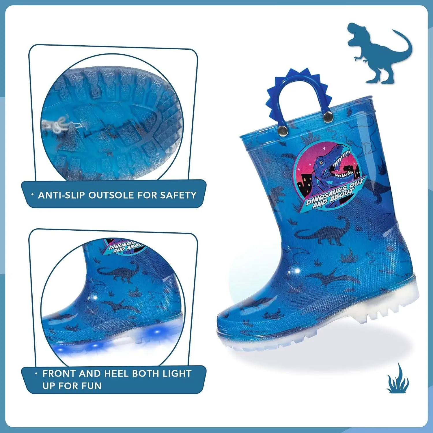 EUXTERPA Toddler Kids Waterproof Light Up Rain Boots Patterns and Glitter Boots with Handles for Boys Girls