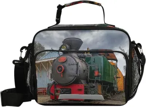 Exnundod Vintage Steam Locomotive Lunch Bag Train Station Reusable Insulated Bag Cooler Lunch Tote with Bottle Holder Adjuster Shoulder Strape Durable for Men Women Kids Adults