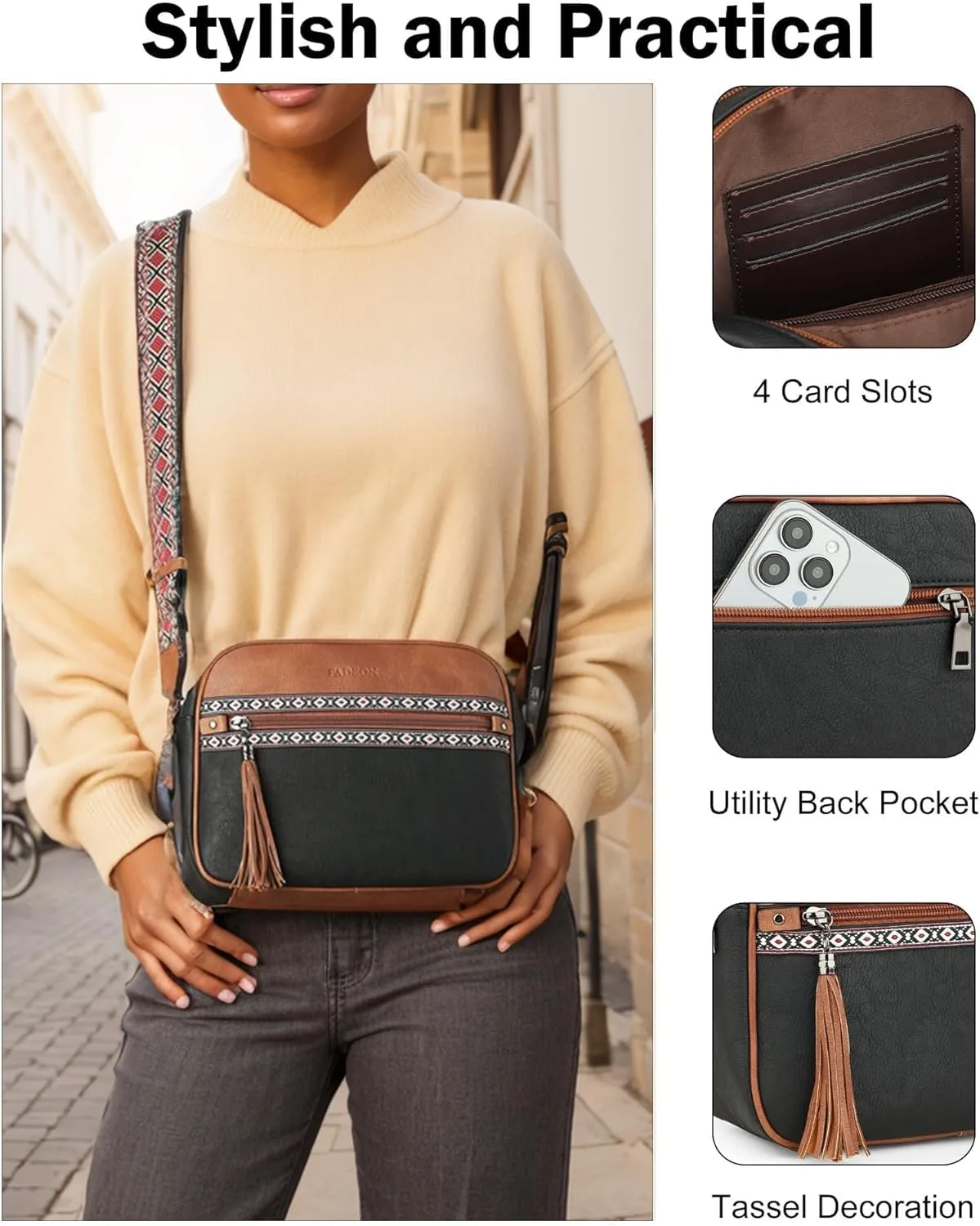 FADEON Crossbody Bags for Women Designer Vegan Leather Crossbody Purse Multi-pocket Medium Shoulder Bag with Card Slots