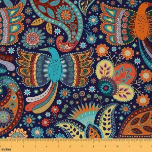 Feelyou Paisley Fabric by The Yard, Vintage Boho Paisley Floral Print Upholstery Fabric for Chairs,Bohemian Botanical Flower Exotic Blue Yellow Style Decorative Waterproof Outdoor Fabric, 5 Yards,