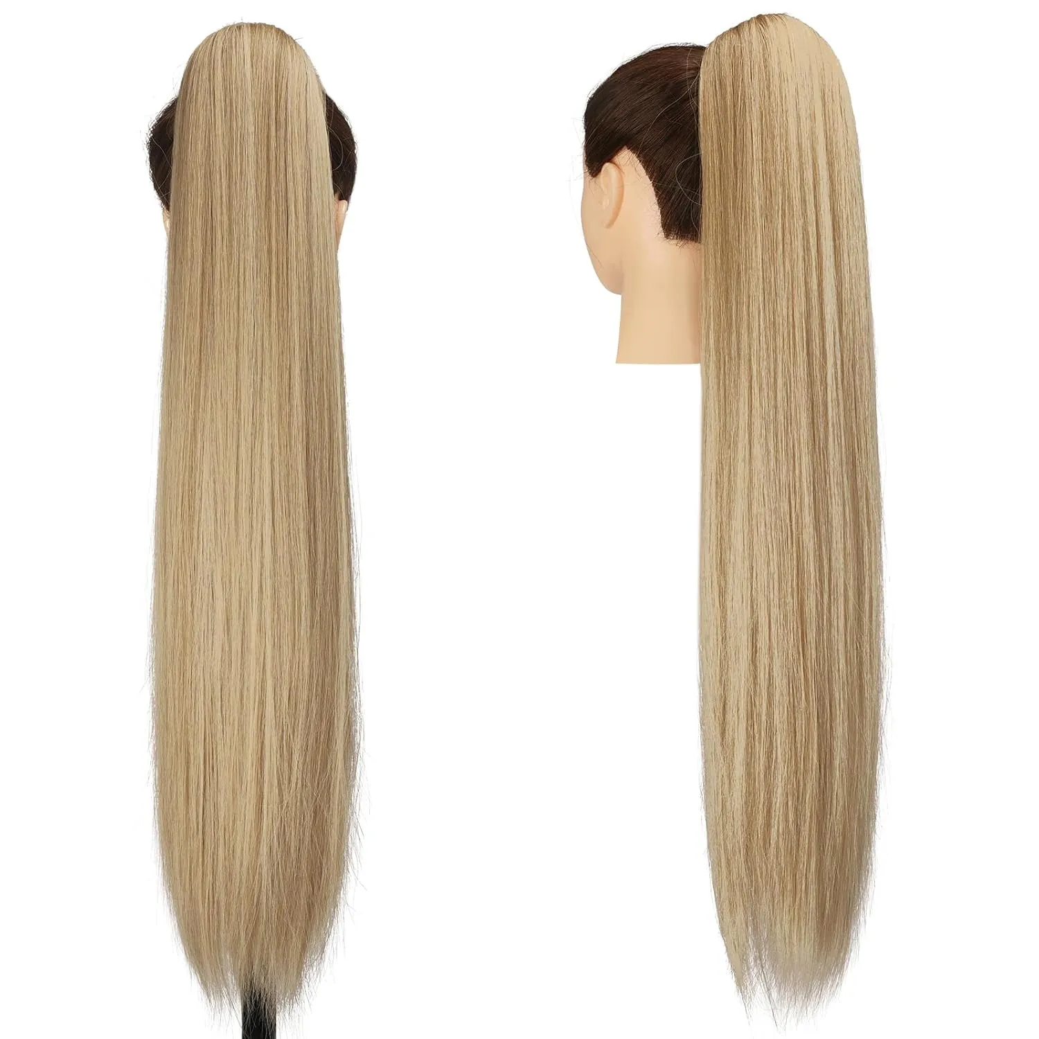 FESHFEN Straight Ponytail Extensions Long Drawstring Pony Tails Natural Synthetic Hair Piece Clip in Ponytails Hairpieces for Women, Mixed Blonde 20 inch