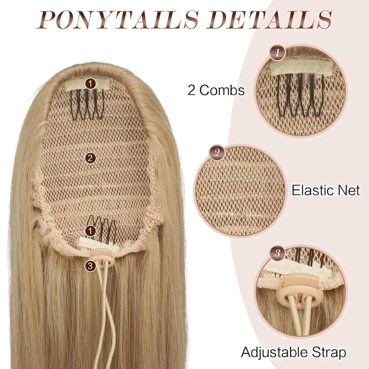 FESHFEN Straight Ponytail Extensions Long Drawstring Pony Tails Natural Synthetic Hair Piece Clip in Ponytails Hairpieces for Women, Mixed Blonde 20 inch
