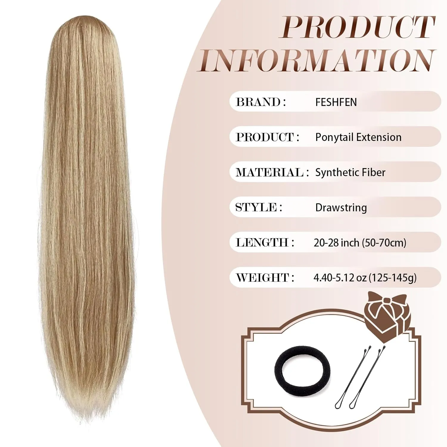 FESHFEN Straight Ponytail Extensions Long Drawstring Pony Tails Natural Synthetic Hair Piece Clip in Ponytails Hairpieces for Women, Mixed Blonde 20 inch