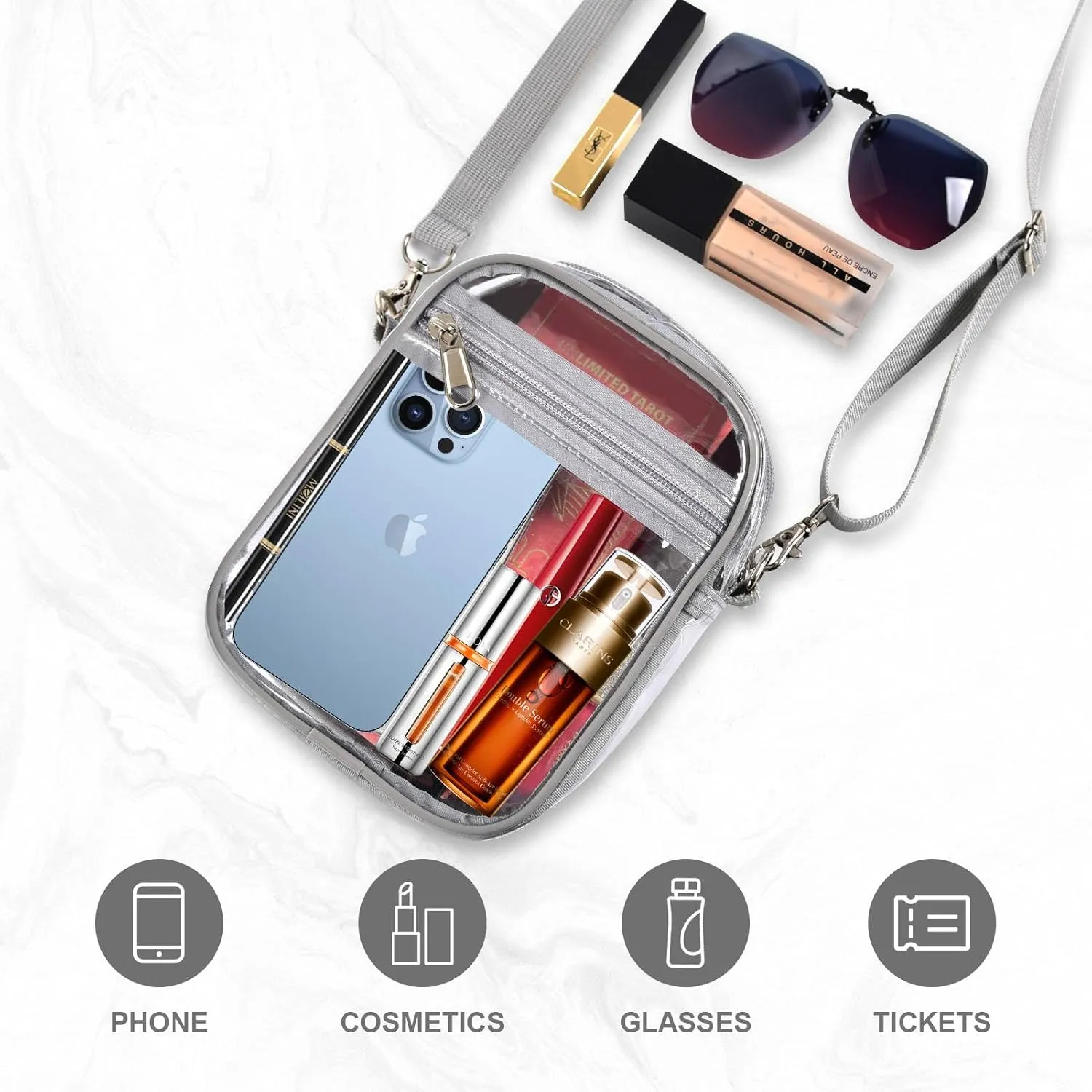 Fibrdoo Clear Crossbody Purse Bag, Clear Bag Stadium Approved with Front Pocket for Concerts Sports Festivals