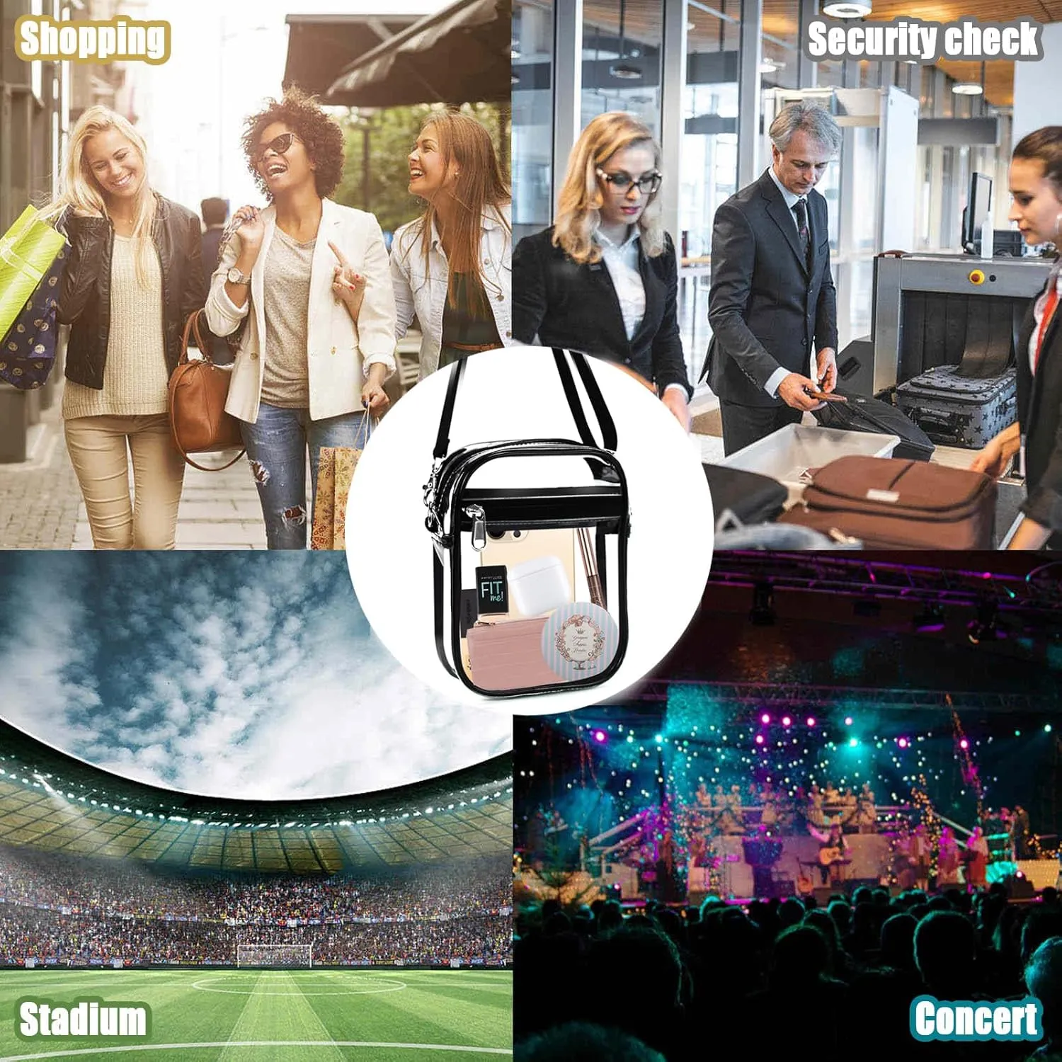 Fibrdoo Clear Crossbody Purse Bag, Clear Bag Stadium Approved with Front Pocket for Concerts Sports Festivals