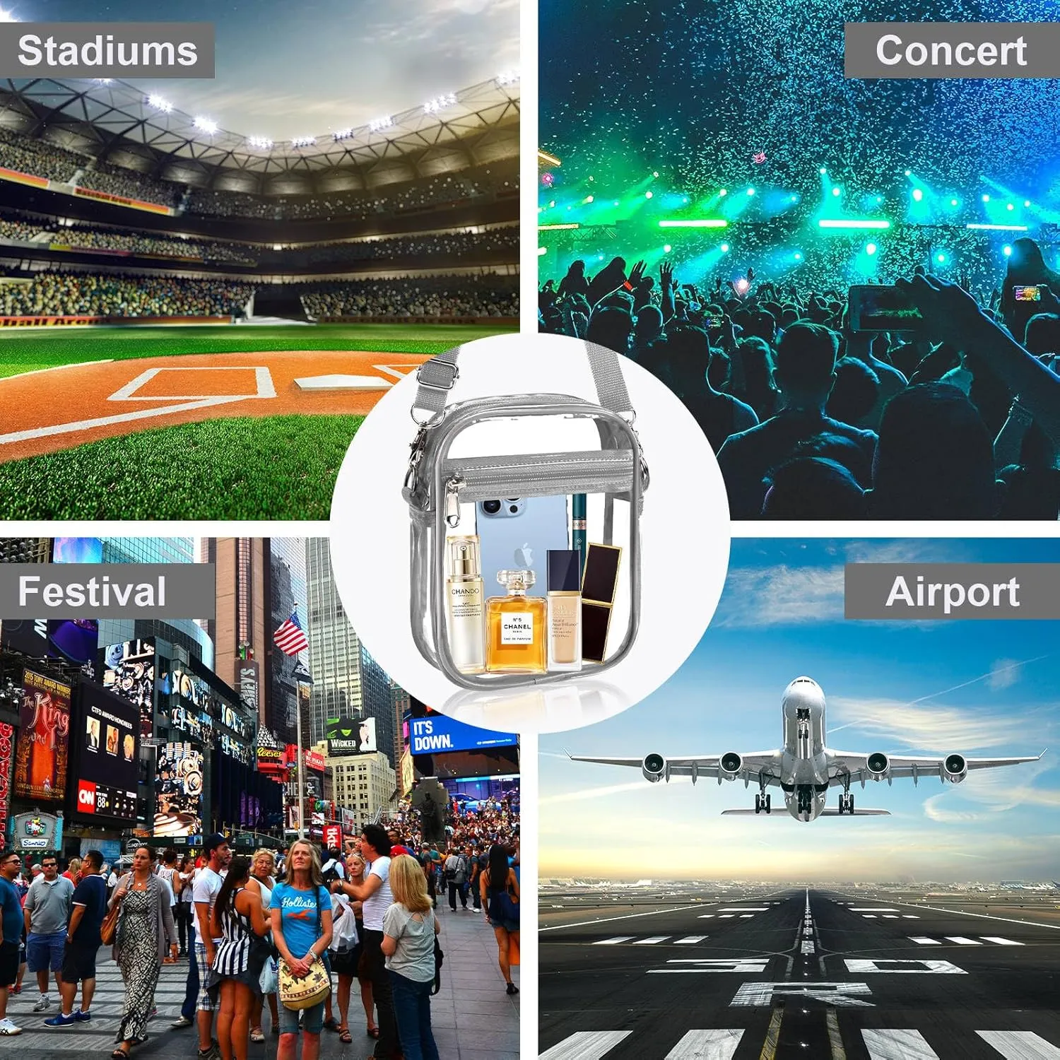 Fibrdoo Clear Crossbody Purse Bag, Clear Bag Stadium Approved with Front Pocket for Concerts Sports Festivals