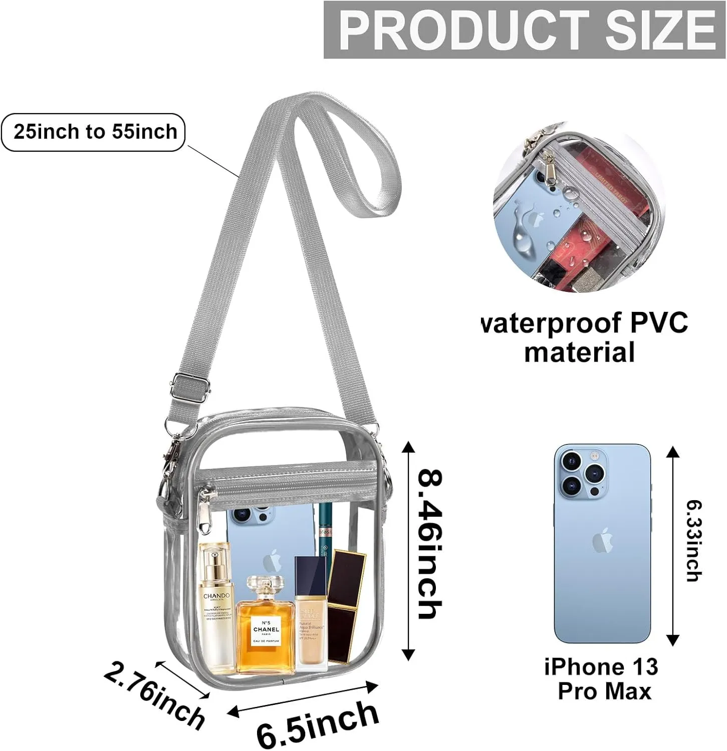 Fibrdoo Clear Crossbody Purse Bag, Clear Bag Stadium Approved with Front Pocket for Concerts Sports Festivals