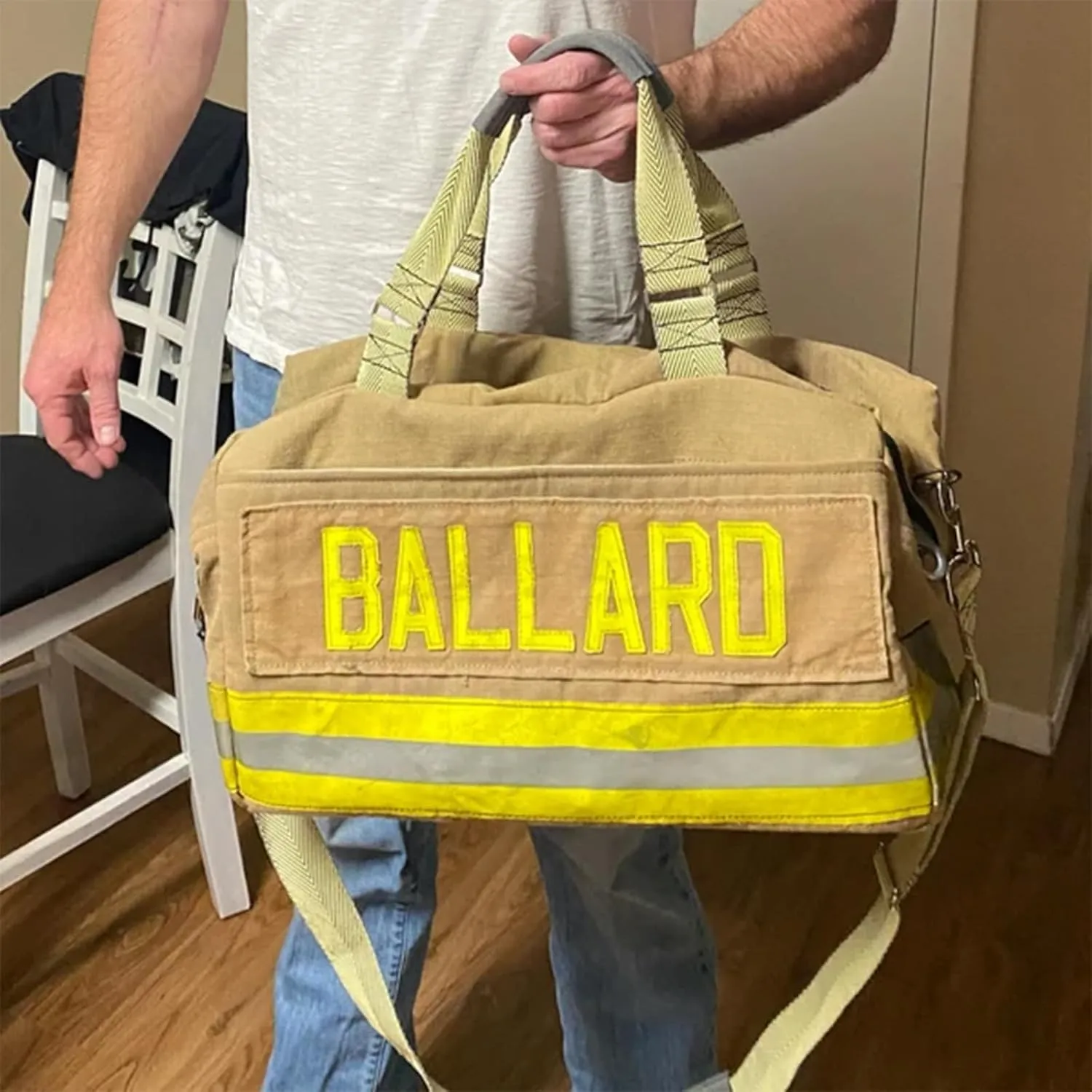 Firefighter Personalized Turnout Duffle Bag Custom Name Firefighter Gear Bag with Shoulder Straps Firefighter Decommissioned Bunker Gear Duffle Bag Reflective Stripes (Style 1)