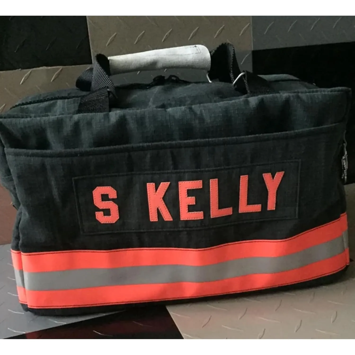 Firefighter Personalized Turnout Duffle Bag Custom Name Firefighter Gear Bag with Shoulder Straps Firefighter Decommissioned Bunker Gear Duffle Bag Reflective Stripes (Style 1)