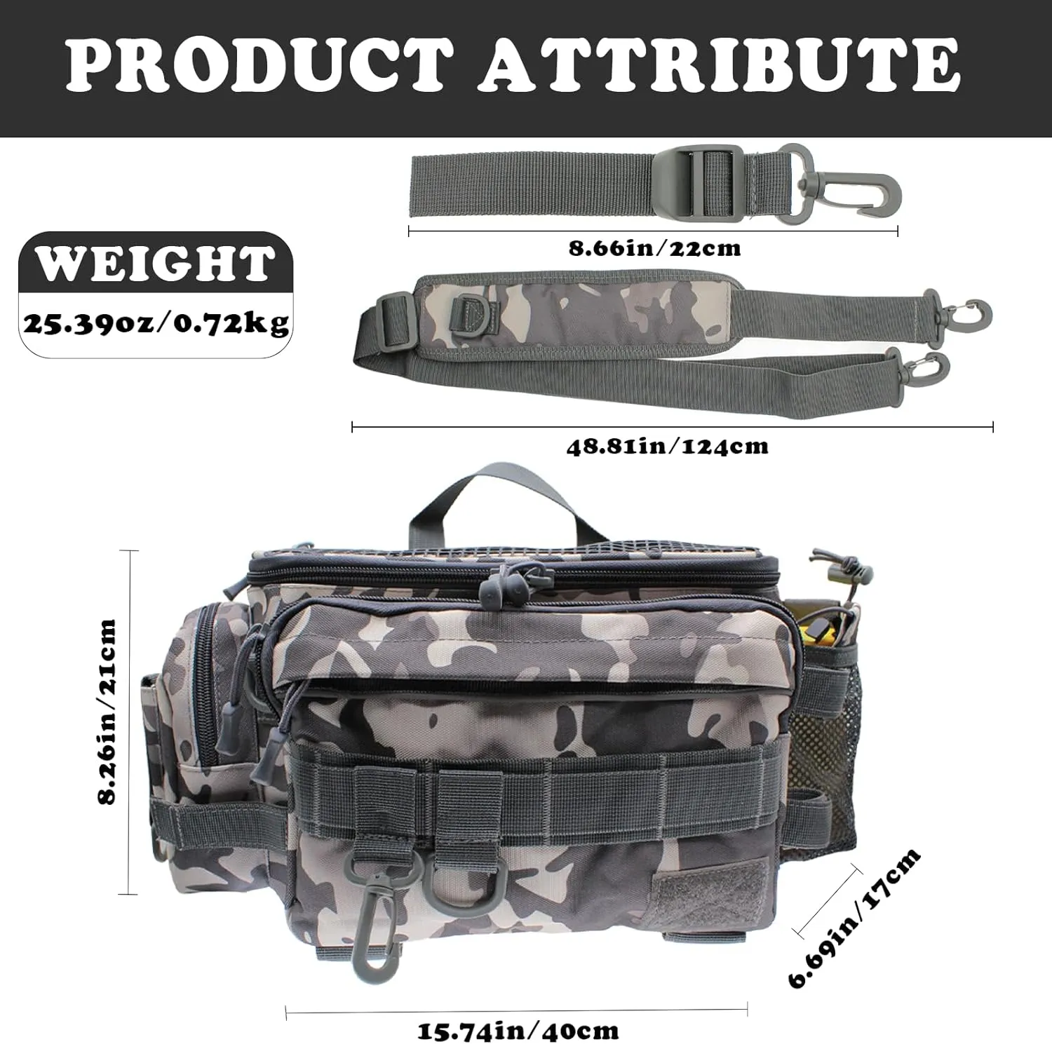 Fishing Tackle Bag Shoulder Crossbody Fish Gear Bag with Rod Holder, Multi-functional Fishing Waist Bags Water-Resistant Fishing Fanny Pack for Fly Fishing, Outdoor Sports, Camping, Travel, Hiking