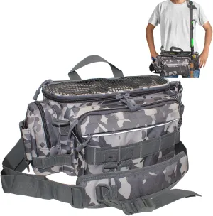 Fishing Tackle Bag Shoulder Crossbody Fish Gear Bag with Rod Holder, Multi-functional Fishing Waist Bags Water-Resistant Fishing Fanny Pack for Fly Fishing, Outdoor Sports, Camping, Travel, Hiking