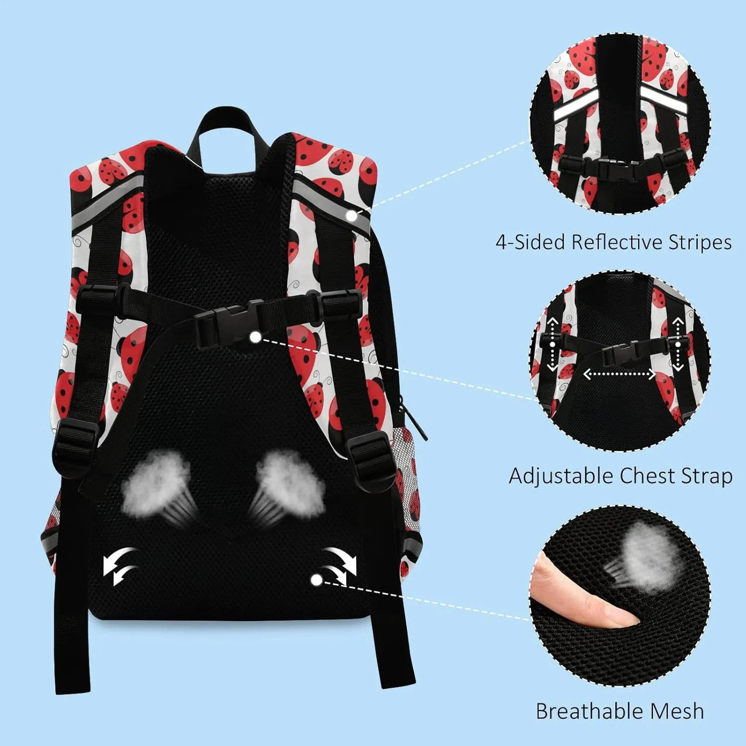 Fisyme Ladybug Ladybird Backpack Schoolbag Kids Daypack Toddler Travel School Bag Small Mini Backpacks for Kindergarten Preschool Nursery Children Boy Girls with Chest Strap