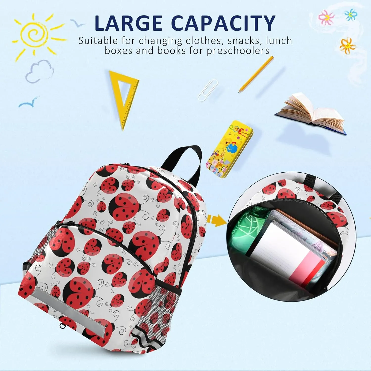 Fisyme Ladybug Ladybird Backpack Schoolbag Kids Daypack Toddler Travel School Bag Small Mini Backpacks for Kindergarten Preschool Nursery Children Boy Girls with Chest Strap