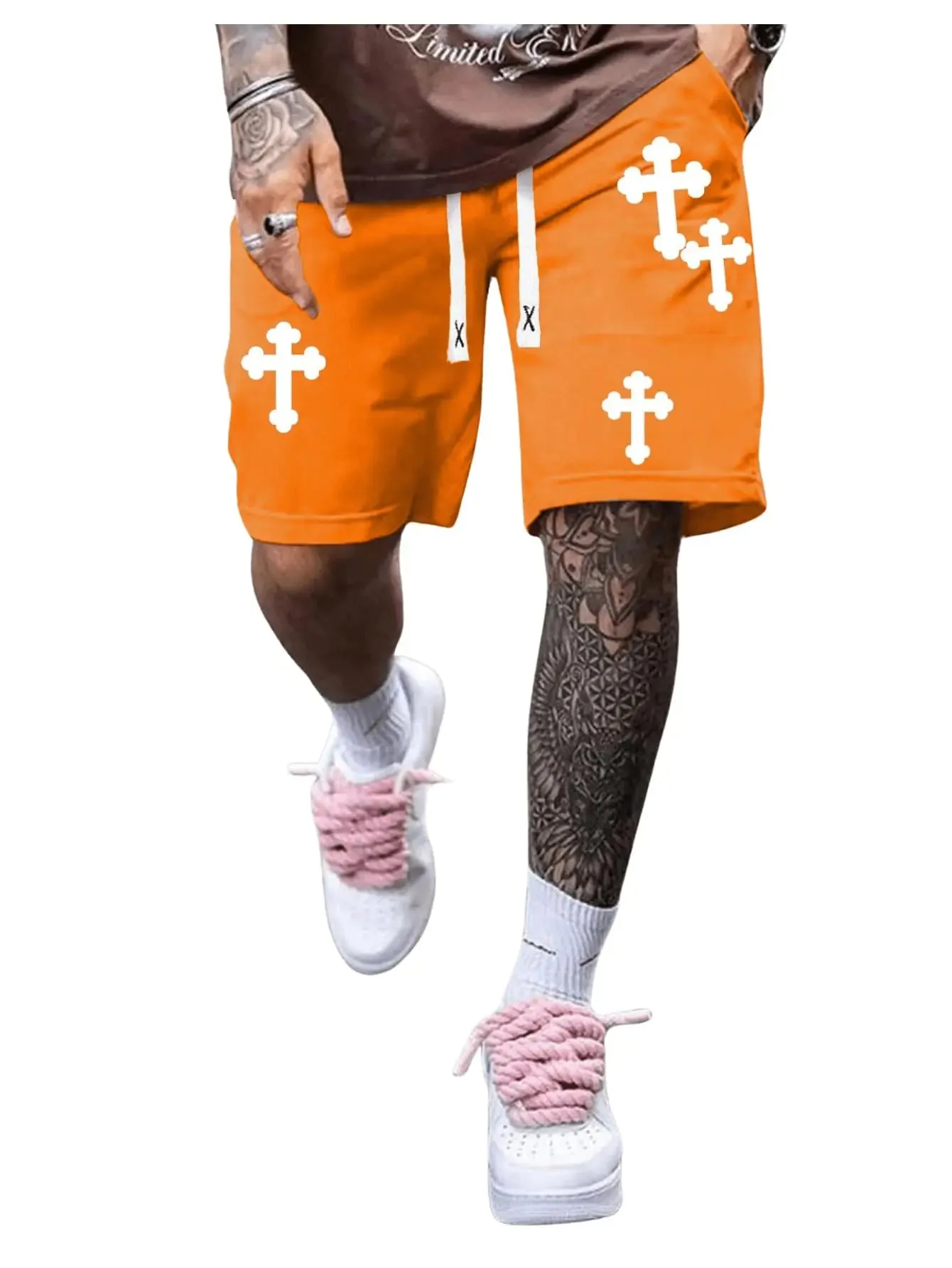 Floerns Mens Drawstring Waist Cross Print Loose Fit Workout Track Shorts Orange Small
