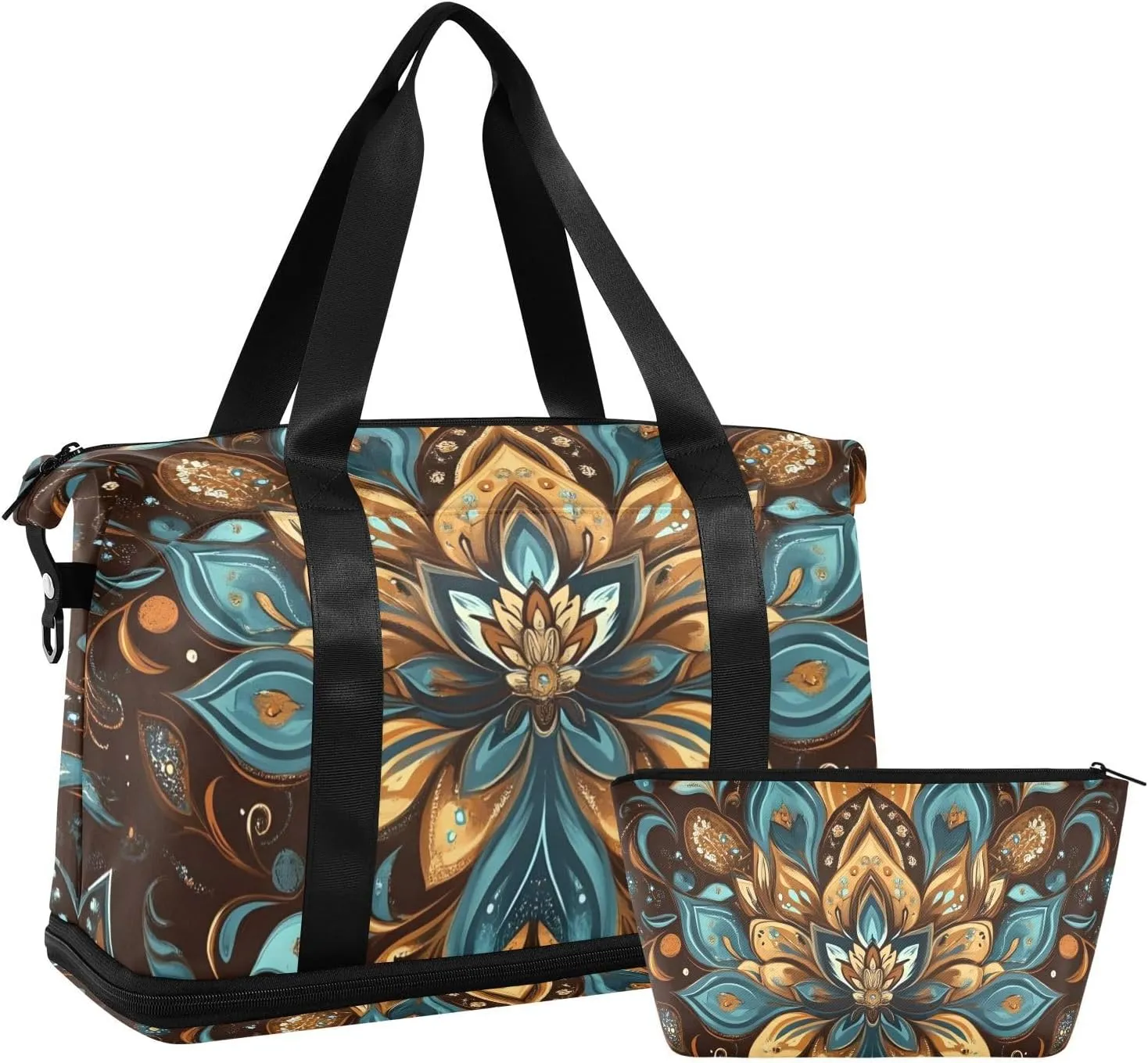 Floral Bohemian Versatile Sports Travel Bag - Lasting Twill Tote, Removable Wheel & Rod Bagging, Multi-pocket Design, Complimentary Makeup Bag