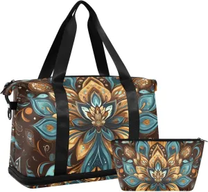 Floral Bohemian Versatile Sports Travel Bag - Lasting Twill Tote, Removable Wheel & Rod Bagging, Multi-pocket Design, Complimentary Makeup Bag