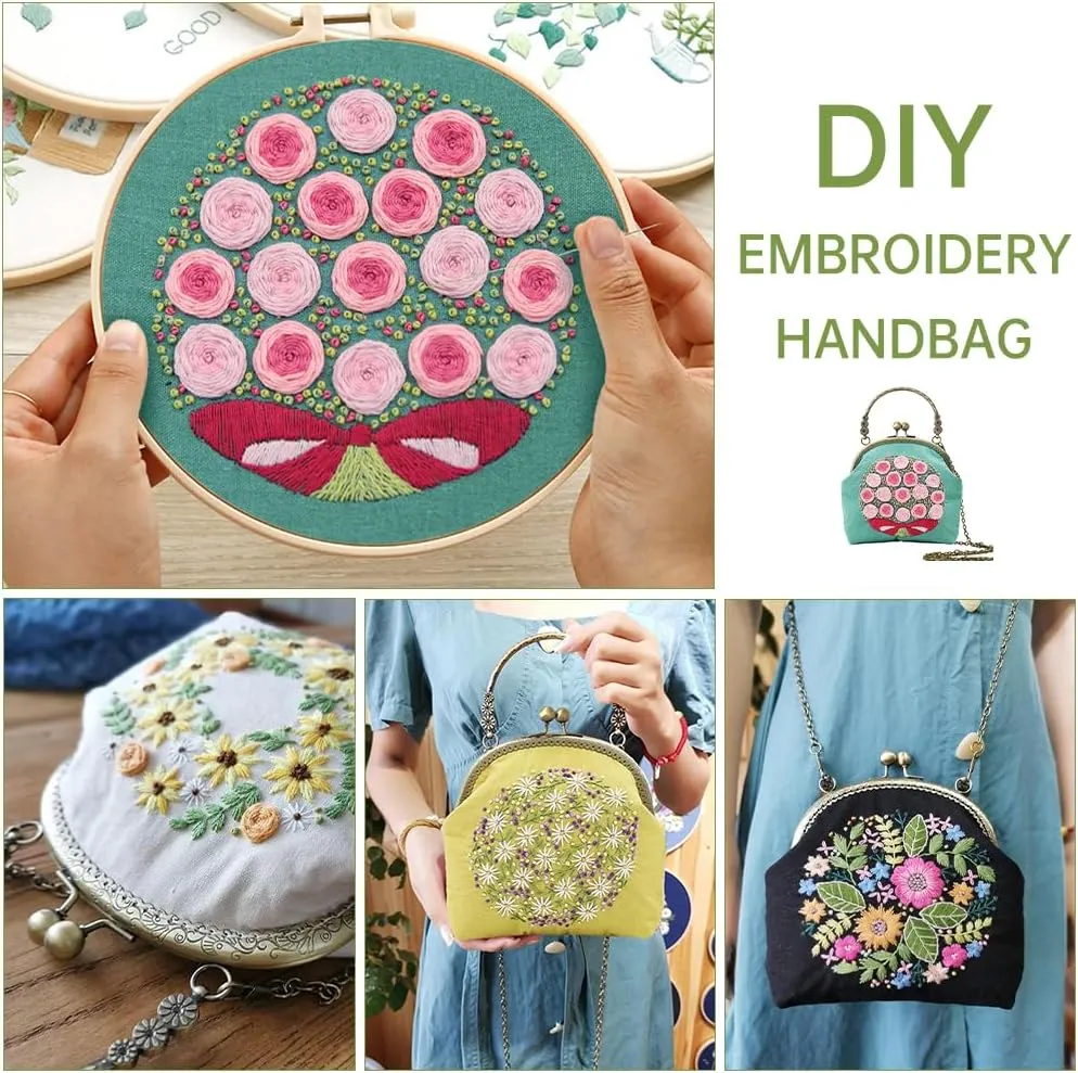 Flower Embroidery Kit Tote Bag, Embroidery Coin Purse Kits Handbag Hand Embroidery Kit for Adults Beginner with Embroidery Patterns, Embroidery Hoop,DIY Sewing Kit