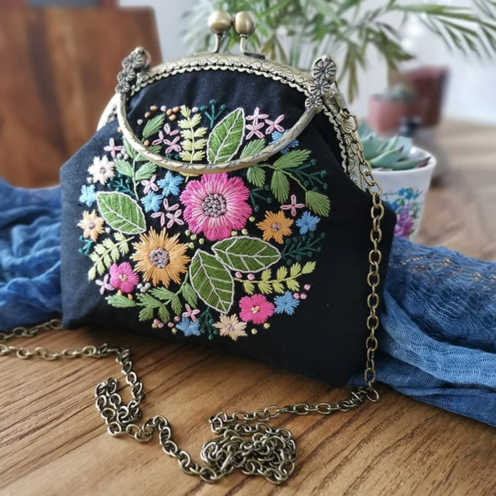 Flower Embroidery Kit Tote Bag, Embroidery Coin Purse Kits Handbag Hand Embroidery Kit for Adults Beginner with Embroidery Patterns, Embroidery Hoop,DIY Sewing Kit
