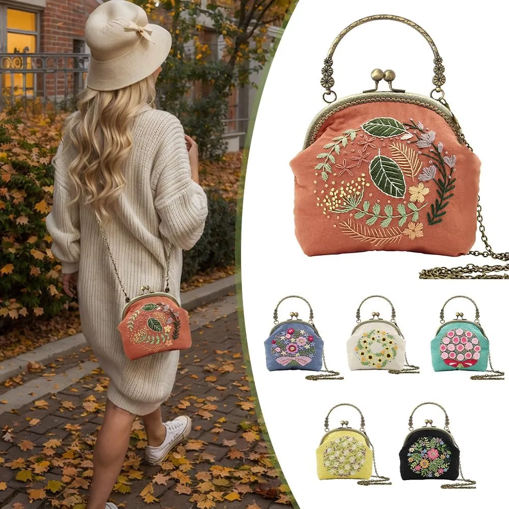 Flower Embroidery Kit Tote Bag, Embroidery Coin Purse Kits Handbag Hand Embroidery Kit for Adults Beginner with Embroidery Patterns, Embroidery Hoop,DIY Sewing Kit