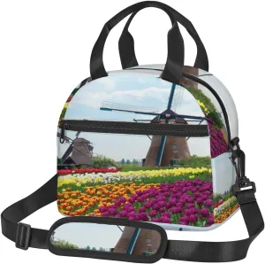 Flowers,Insulated Lunch Bag for Women/Men,Windmills Over Rows of,Reusable Leakproof Cooler Tote Bag Organizer with Adjustable Shoulder Strap for Adult,Multicolor