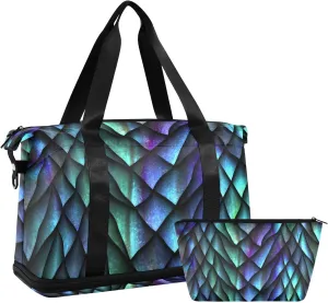 Fluorescence Dragon Scales Versatile Sports Travel Bag - Lasting Twill Tote, Removable Wheel & Rod Bagging, Multi-pocket Design, Complimentary Makeup Bag