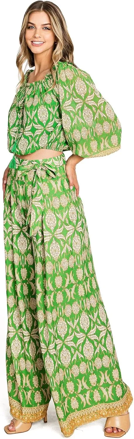 Flying Tomato Women's Tropical Off Shoulder Matching Two-Piece Pant Set