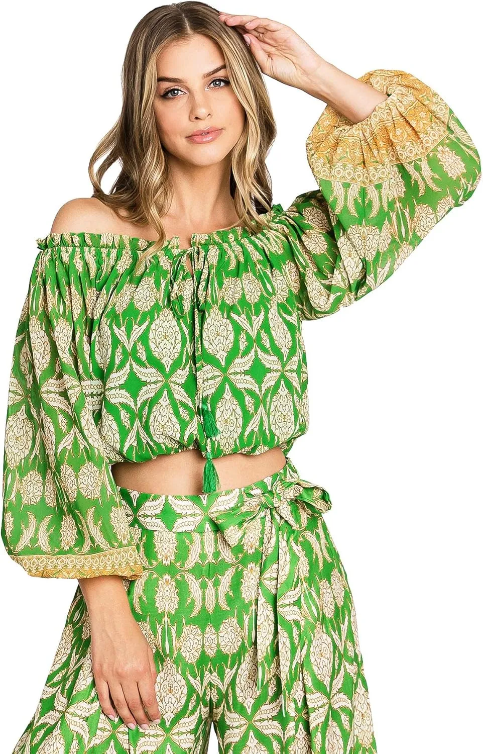 Flying Tomato Women's Tropical Off Shoulder Matching Two-Piece Pant Set