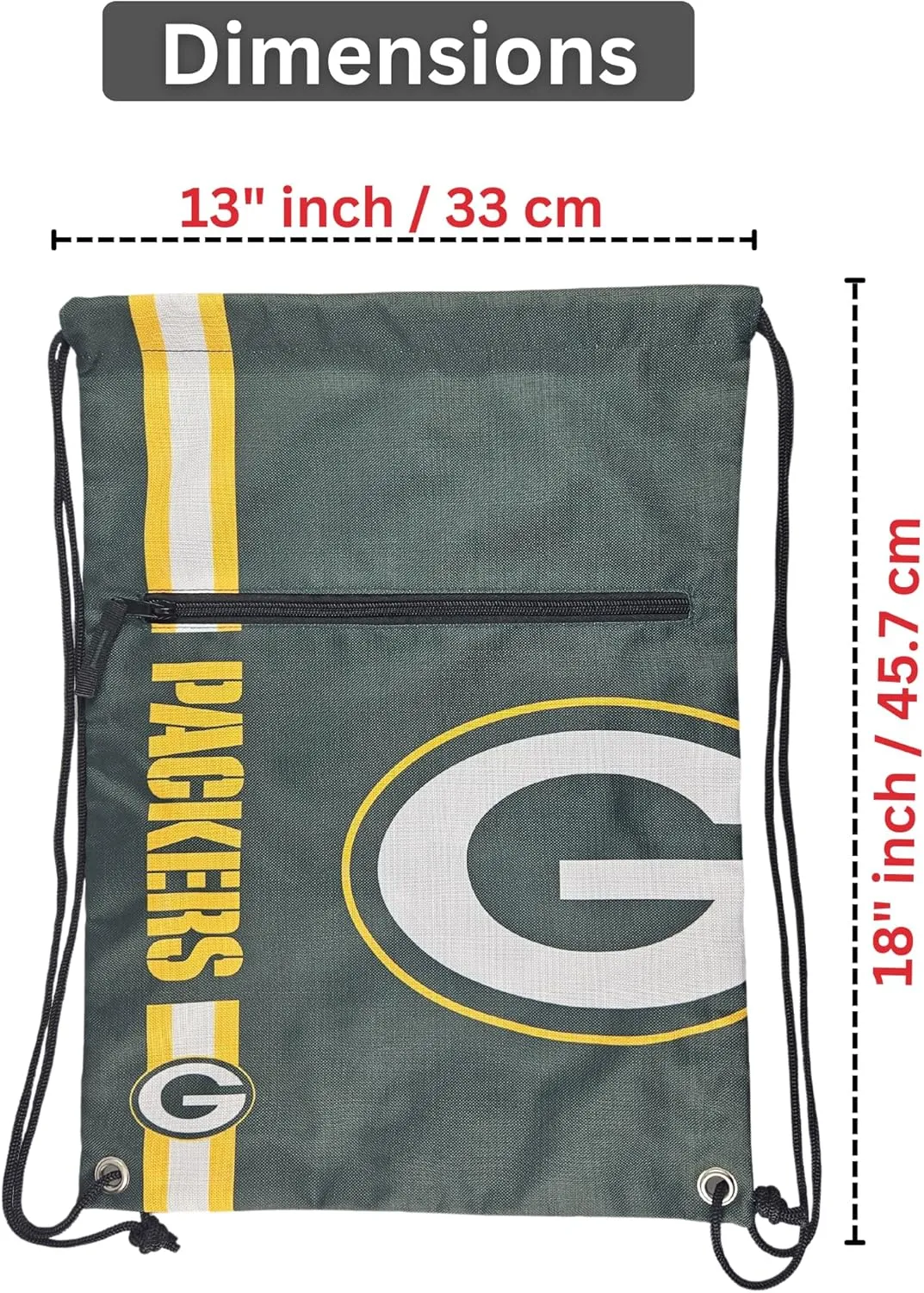 FOCO Green Bay Packers Big Logo Drawstring Backpack with Zippered Pocket Limited Edition NFL Gear for the NFC North Officially Licensed Packers Fan Gear