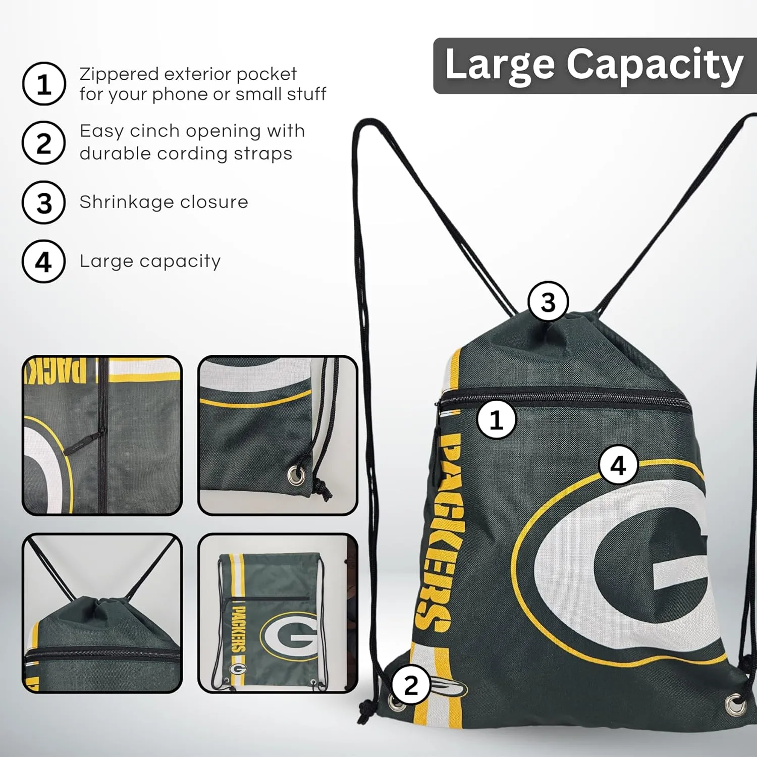 FOCO Green Bay Packers Big Logo Drawstring Backpack with Zippered Pocket Limited Edition NFL Gear for the NFC North Officially Licensed Packers Fan Gear