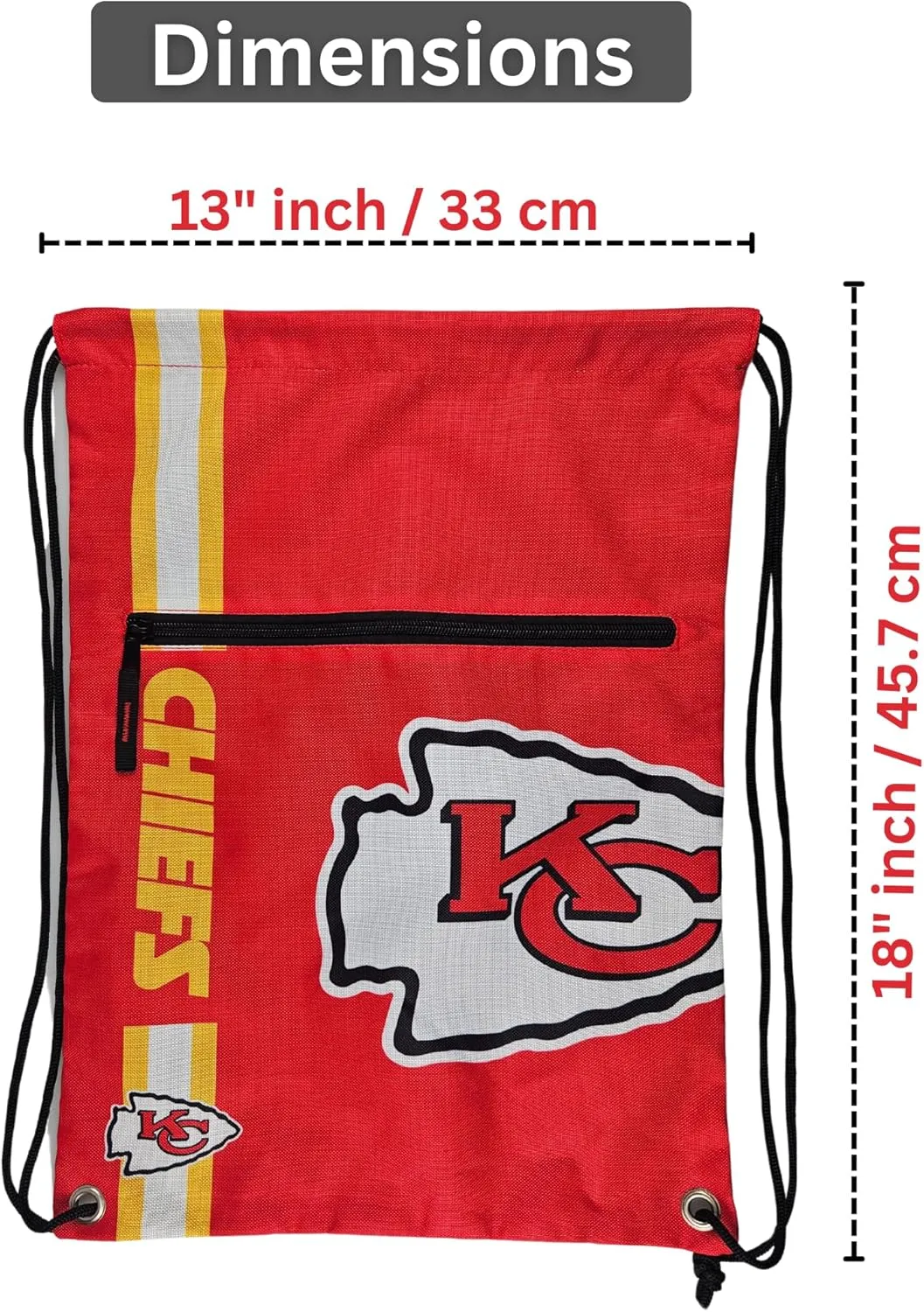FOCO Kansas City Chiefs Big Logo Drawstring Backpack with Zippered Pocket – Limited Edition Chiefs Bag – NFL Gear for the AFC West – Show Your Team Spirit with Officially Licensed Chiefs Fan Gear