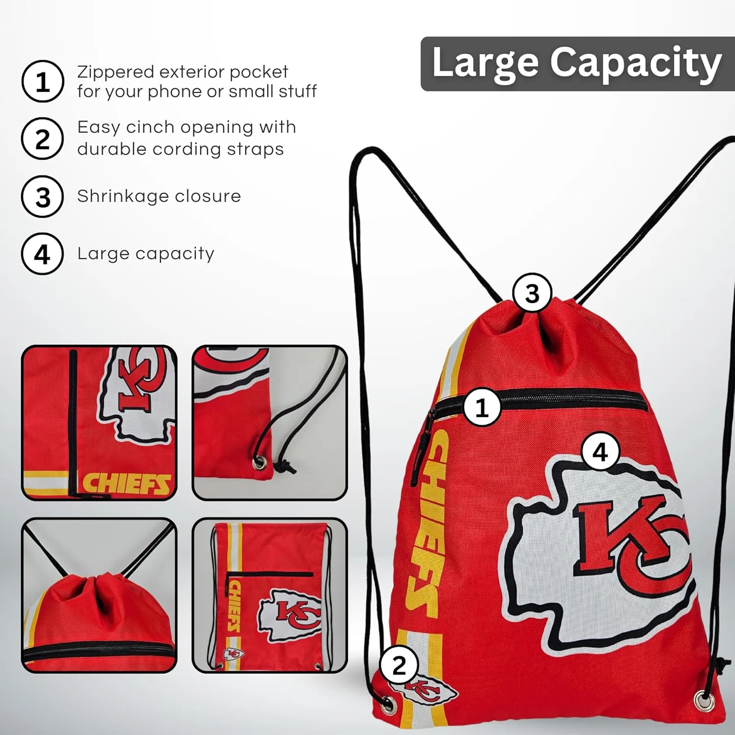 FOCO Kansas City Chiefs Big Logo Drawstring Backpack with Zippered Pocket – Limited Edition Chiefs Bag – NFL Gear for the AFC West – Show Your Team Spirit with Officially Licensed Chiefs Fan Gear
