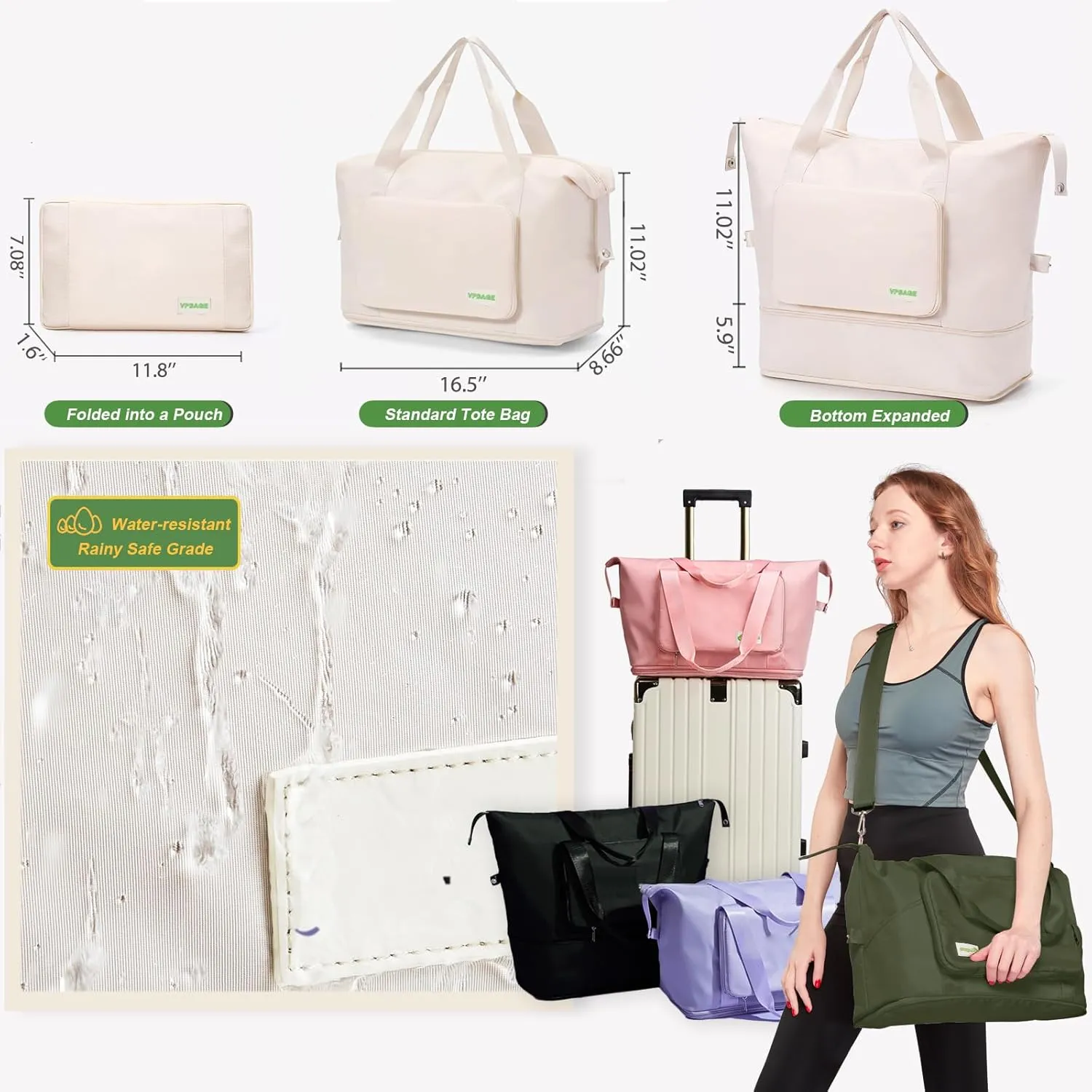 Foldable Travel Duffel Bag for Women, Water Resistant Personal Item/Carry Bag, Overnight Weekender Bag with Wet Compartment