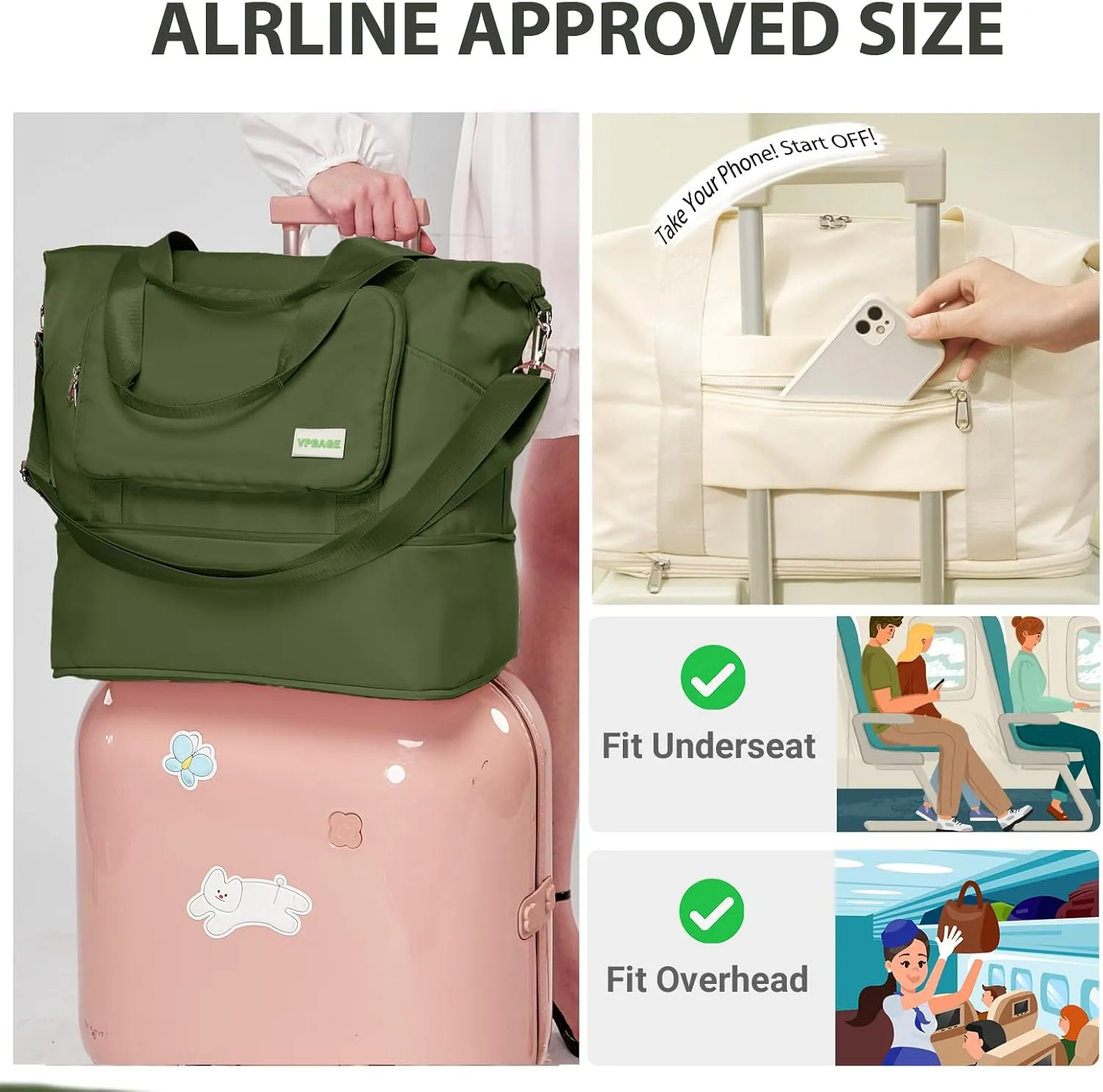 Foldable Travel Duffel Bag for Women, Water Resistant Personal Item/Carry Bag, Overnight Weekender Bag with Wet Compartment
