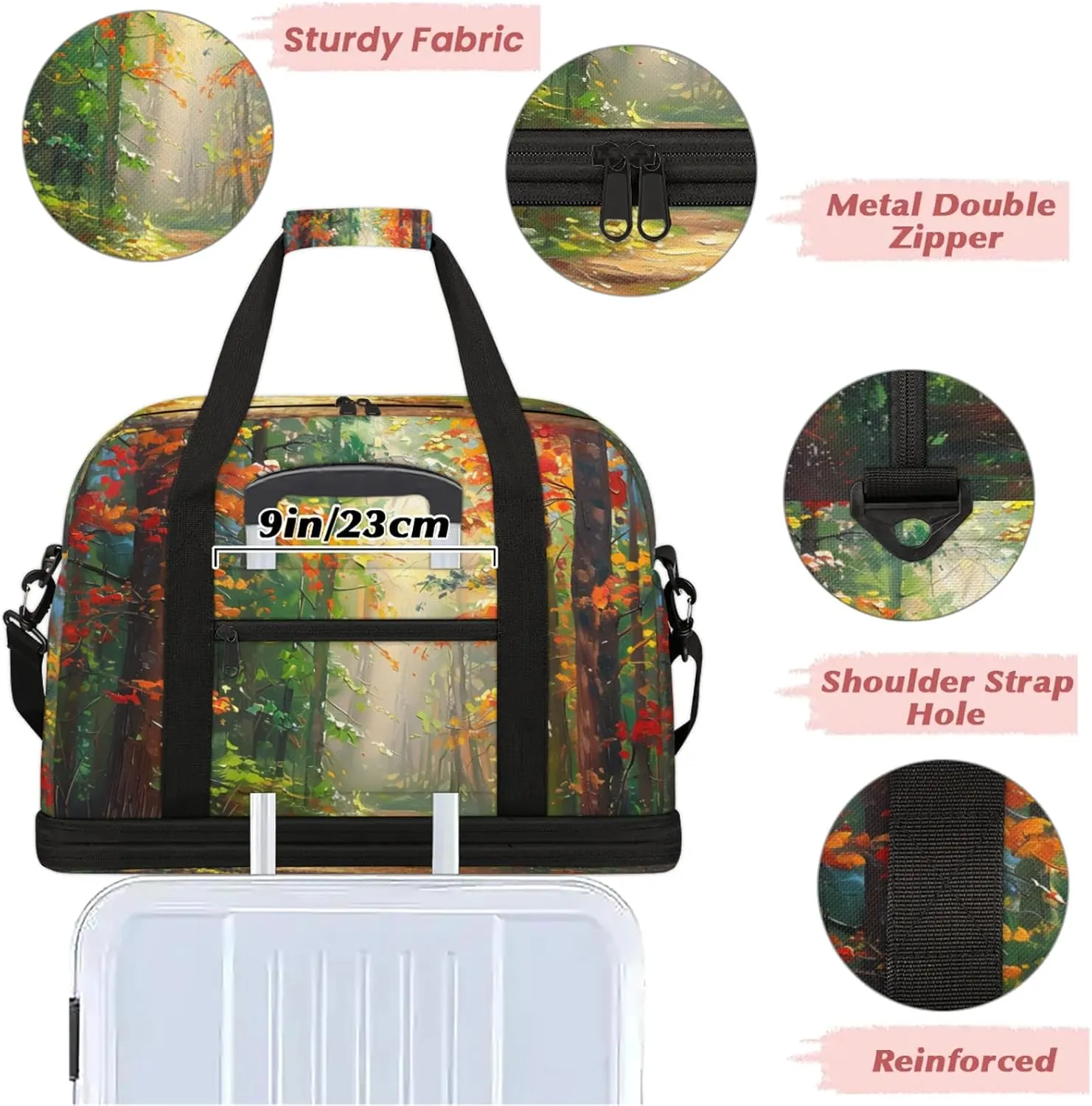 Forest Sunlight Oil Painting Travel Duffel Bags for Women & Men Large Sports Gym Bags Foldie Weekender Overnight Bag Carry On Tote Bag With Shoe Compartment Personal Item Luggage for Travel Sports Gym