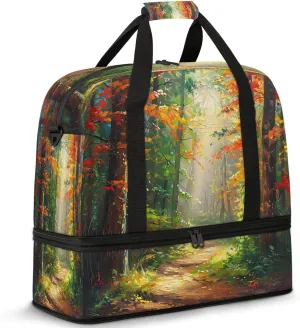 Forest Sunlight Oil Painting Travel Duffel Bags for Women & Men Large Sports Gym Bags Foldie Weekender Overnight Bag Carry On Tote Bag With Shoe Compartment Personal Item Luggage for Travel Sports Gym
