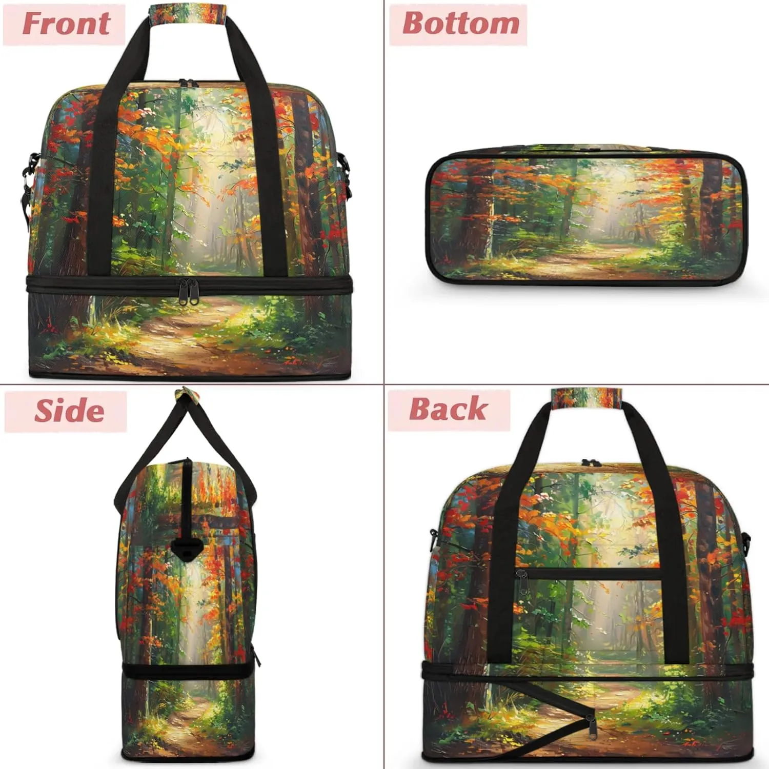 Forest Sunlight Oil Painting Travel Duffel Bags for Women & Men Large Sports Gym Bags Foldie Weekender Overnight Bag Carry On Tote Bag With Shoe Compartment Personal Item Luggage for Travel Sports Gym