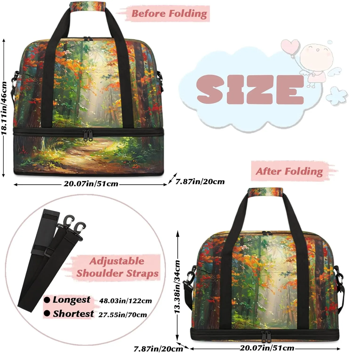 Forest Sunlight Oil Painting Travel Duffel Bags for Women & Men Large Sports Gym Bags Foldie Weekender Overnight Bag Carry On Tote Bag With Shoe Compartment Personal Item Luggage for Travel Sports Gym